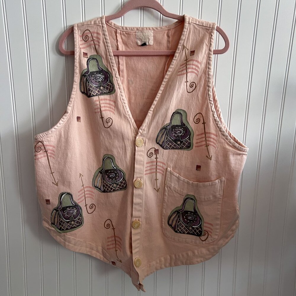 Bluefish Lagenlook Blue Fish Pink Purse Painted Graphic Print Button Vest Size 1